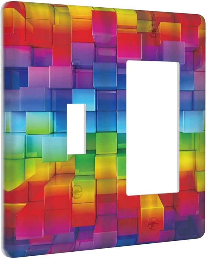 3D Colorful Rainbow Wall Abstract Squre Shaped 2 Gang Single Toggle Rocker Combination Light Switch Cover Unique Decorative Wall Plate Cover Electrical Faceplate Switchplate for Bedroom Decor