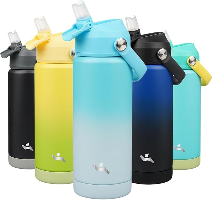Konokyo Insulated Water Bottle with Straw Lid,18 oz Stainless Steel Vacuum Metal Bottle with Silicone Handle,Sea Salt