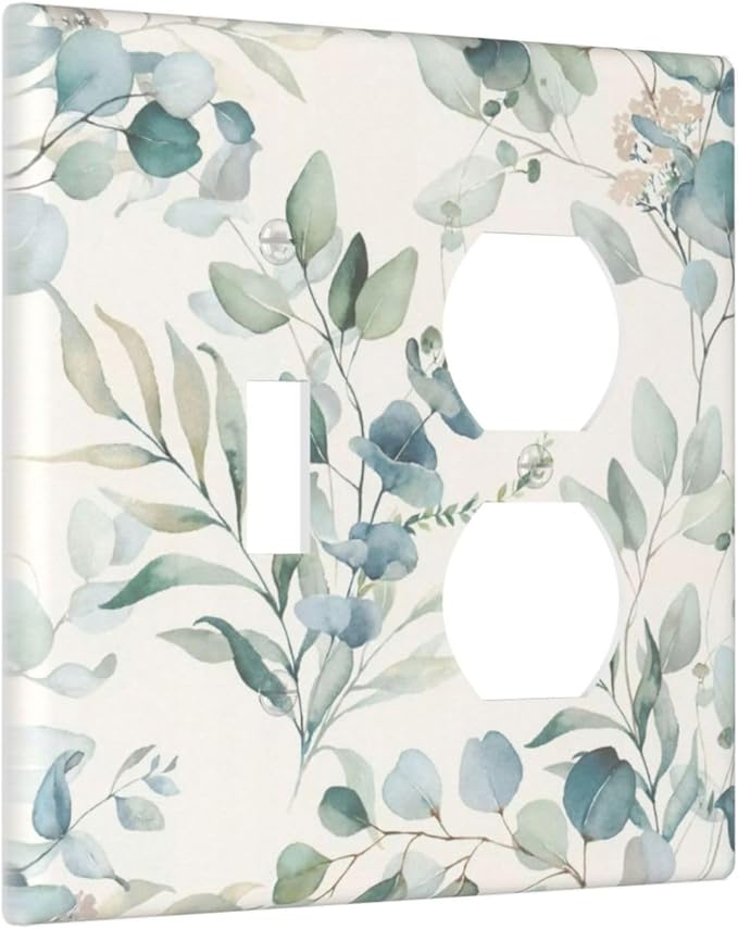 Boho Green White Eucalyptus Leaf Floral Wallplates 1 Toggle 1 Duplex Switch Plate Electrical GFCI Faceplate Decorative Light Switch Covers for Farmhouse Living Room Decor