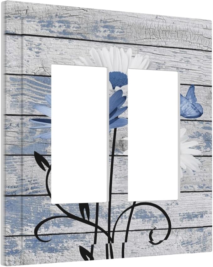 Blue White Daisy Flower Butterfly Rustic Wood Board Decorative Outlet Covers 2 Gang Double GFCI Rocker Electrical Wall Panels Light Switch Cover Plate for Farmhouse Bedroom Decor