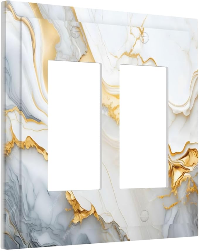 Exquisite White Gold Marble Abstract Luxurious Print Decorative Outlet Covers 2 Gang Double GFCI Rocker Electrical Wall Panels Light Switch Cover Plate for Bathroom Kitchen Decor