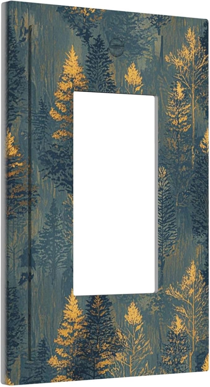 Decorative Light Switch Cover Plate with Golden Trees & Abstract Gradient Forest Landscape Design 1 Gang Rocker Outlet Covers Single Decora Gfci Device Wall Plate for Blue Retro Home Decor