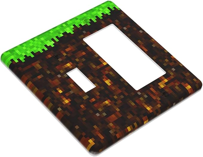 Light Switch Cover Pixel Grass Block 2 Gang Toggle Rocker Combo Socket Cover Wall Plates Decorative Switch Plates and Outlet Covers for Kids Room Home Decor