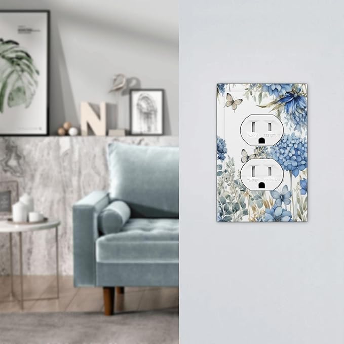Decorative Outlet Covers Boho Blue Flowers Rustic Beige Butterfly Leaves 1 Gang Wall Plate Receptacle Duplex Light Switch Cover Plate Single Dual Plug Covers Electrical Switchplate