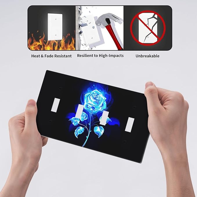 Blue Golden Rose Flower 4 Gang Device Light Switch Cover Decorative Quad Toggle Wall Plate Decorative Electrical Faceplate for Home Bedroom Art Decorate