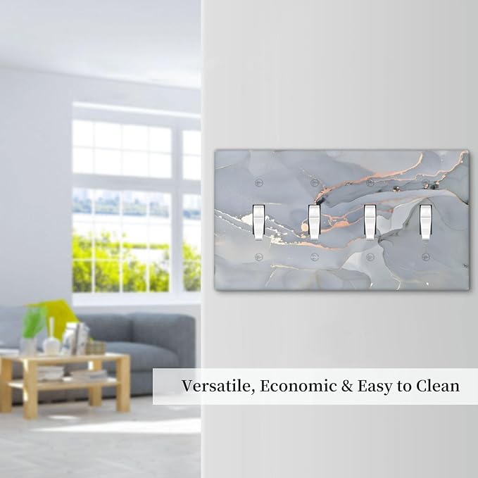 Gray And Gold Marble Abstract Luxury Print Light Switch Covers Quad Toggle Electrical Faceplate 4 Gang Wall Plate Decorative Switch Plates Cover for Bathroom Kitchen Bedroom Decor
