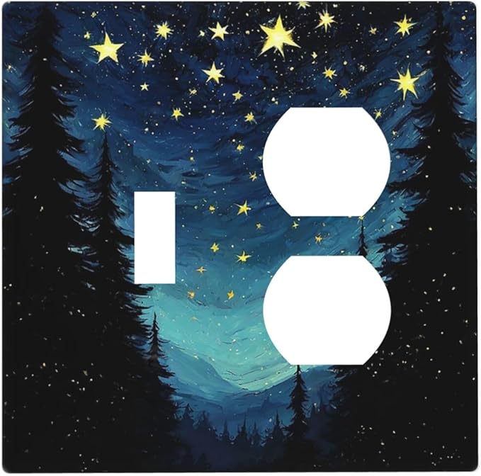 Wallplates Blue Starry Sky Forest Painted Star Pine Tree Oil Painting 1 Toggle 1 Duplex Switch Plate Electrical GFCI Faceplate Decorative Light Switch Covers for Bedroom Cabin Decor
