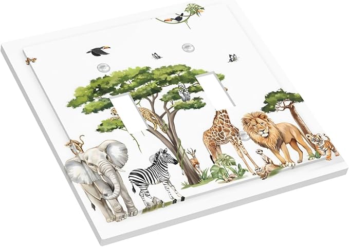 Large Animals Elephant Giraffe Jungle Lion Leopard Zebra Decorative Switch Plates 2 Gang Double Toggle Outlet Light Switch Cover Wall Plate Electrical Faceplate for Kids Room Nursery Decor