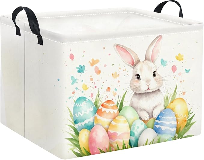 HIYAGON Rectangular Easter Basket for Kids and Girls Cute Toy Storage Organizer Bin Box Easter Egg Room Decor(Watercolor Easter)