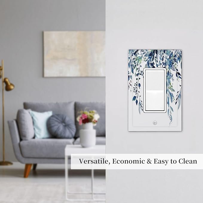 Blue Eucalyptus Watercolor Leaves 1 Gang Rocker Light Switch Plate Green Plant Single Decora Outlet Wall Plate Cover Faceplate Decorative Switchplate GFCI for Bathroom Living Room Bedroom Decorate
