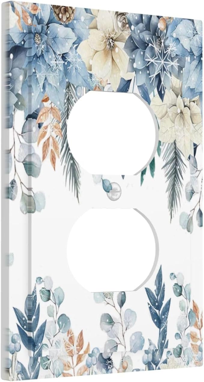 Blue Vine Snowflake Plants Leaves Floral Flowers Outlet Covers 1 Gang Duplex Light Switch Cover Decorative Switch Plates Electrical Receptacle Faceplate Wall Plate for Bedroom Living Room Decor
