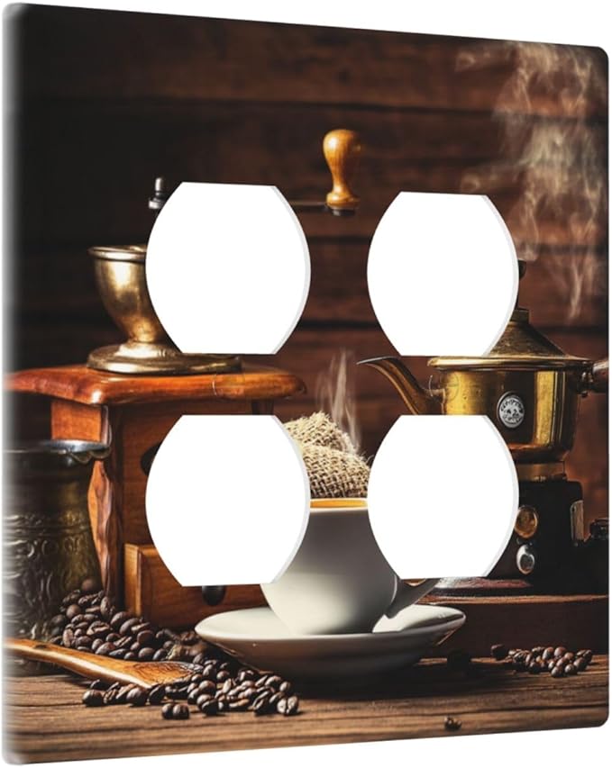 Decorative Outlet Covers with Vintage Coffee Retro Grinder Artwork Design 2 Gang Wall Plate Double Duplex Receptacle Light Switch Cover Switch Plate Cover for Rustic Kitchen Decor