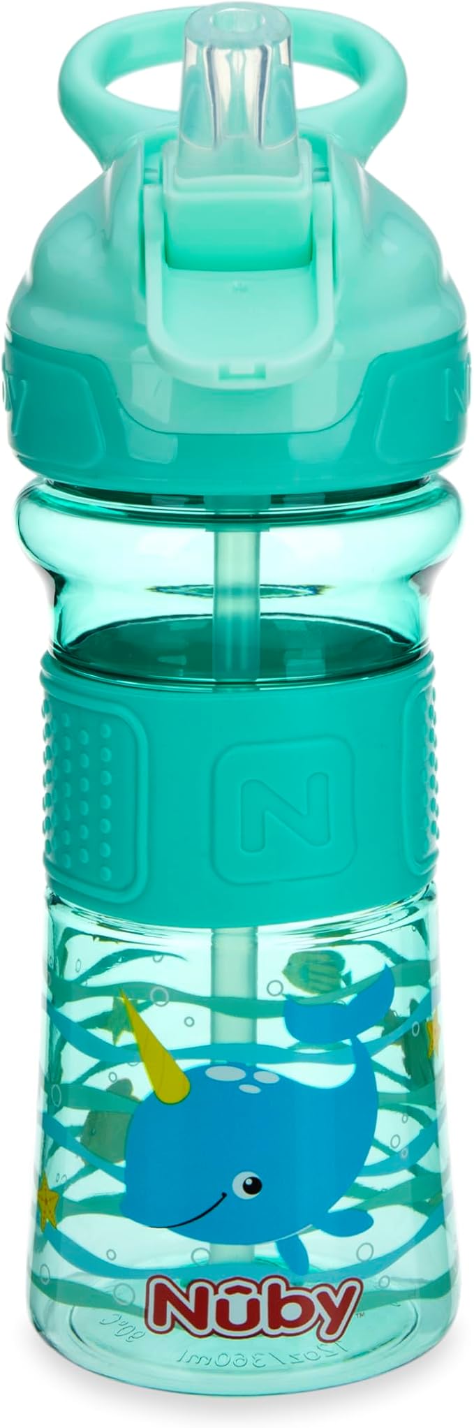 Nuby Thirsty Kids Push Button Flip-it Soft Spout on The Go Water Bottle with Easy Grip Band, 12oz, Narwahl