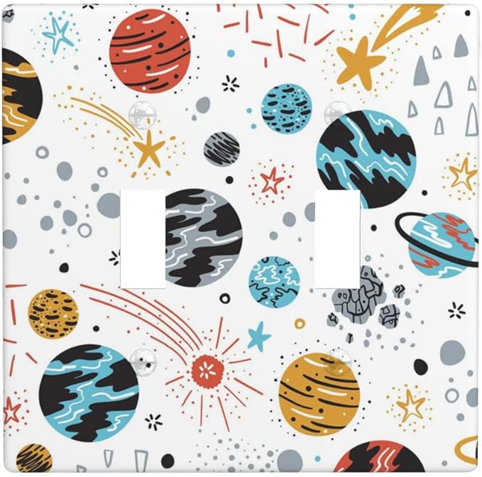 Space Planets Stars 2-Gang Double Toggle Light Switch Plate, Cartoon Space Wall Plate for Home, Office, Kids Room & Playroom