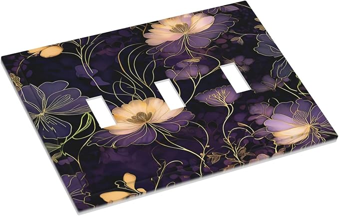 Modern Boho Vintage Gold Purple Dark Floral Modern Abstract Flowers Decorative Switch Plates 3 Gang Wall Plate Faceplate Electrical Wall Panels Triple Toggle Light Switch Cover for Bedroom Living Room