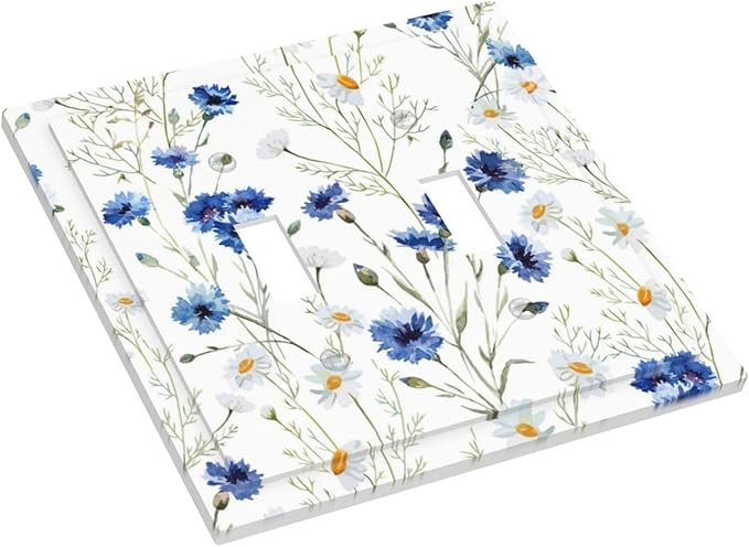 Light Switch Cover Plate Watercolor Daisy Blue Floral Vintage Plant 2 Gang Double Toggle Decorative Switch Plates Plug Cover Wall Plates Electrical Faceplate for Bedroom Home Decor