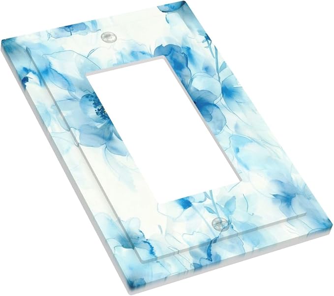 Watercolor Flower Blue White Large Floral Leaf Plants Decorative Outlet Covers 1 Gang Single Rocker Light Switch Cover Plate Wall Plates GFCI Faceplate for Bedroom Living Room Decor