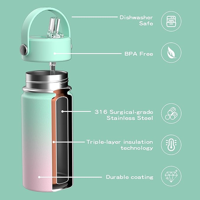 OISIZ Kids Water Bottle with Straw Lid 14oz, Vacuum Insulated 316 Stainless Steel Water Bottles for Kids for School, Leakproof Water Bottle, BPA Free and Keep Cold for 24 Hours