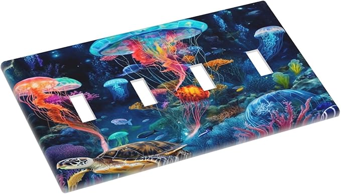 Jellyfish Sea Turtle Fantasy Ocean Coral Underwater World Light Switch Covers Quad Toggle Electrical Faceplate 4 Gang Wall Plate Decorative Switch Plates for Nursery Kids Room Decor