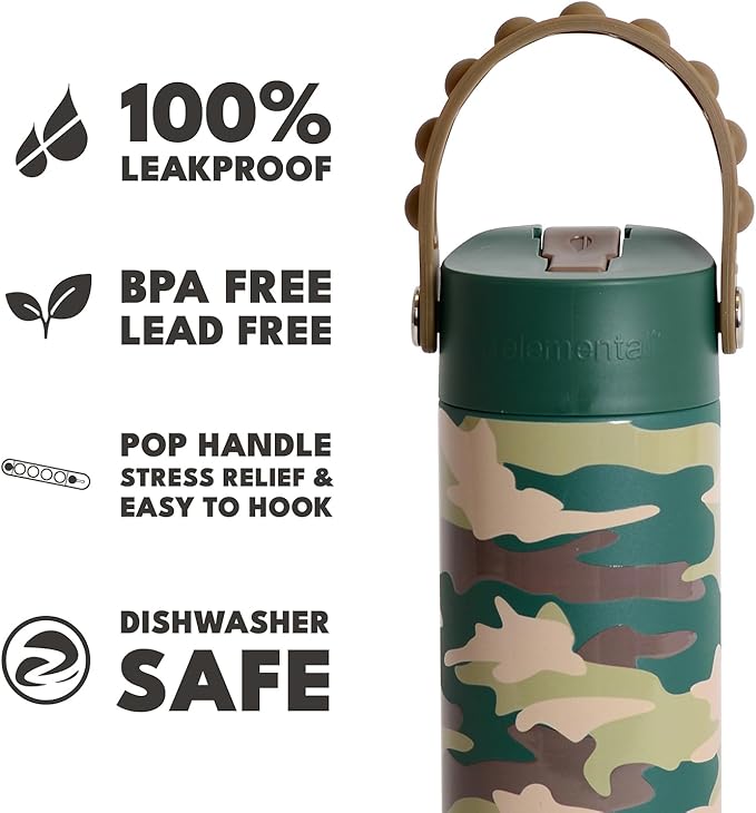 Elemental 100% Leak Proof When Spout is Closed Insulated Kids Water Bottle, Stainless Steel Bottle for School with Straw Lid & Pop-It Handle, Skater Dinos & Green Camo -18oz (2 Pack)