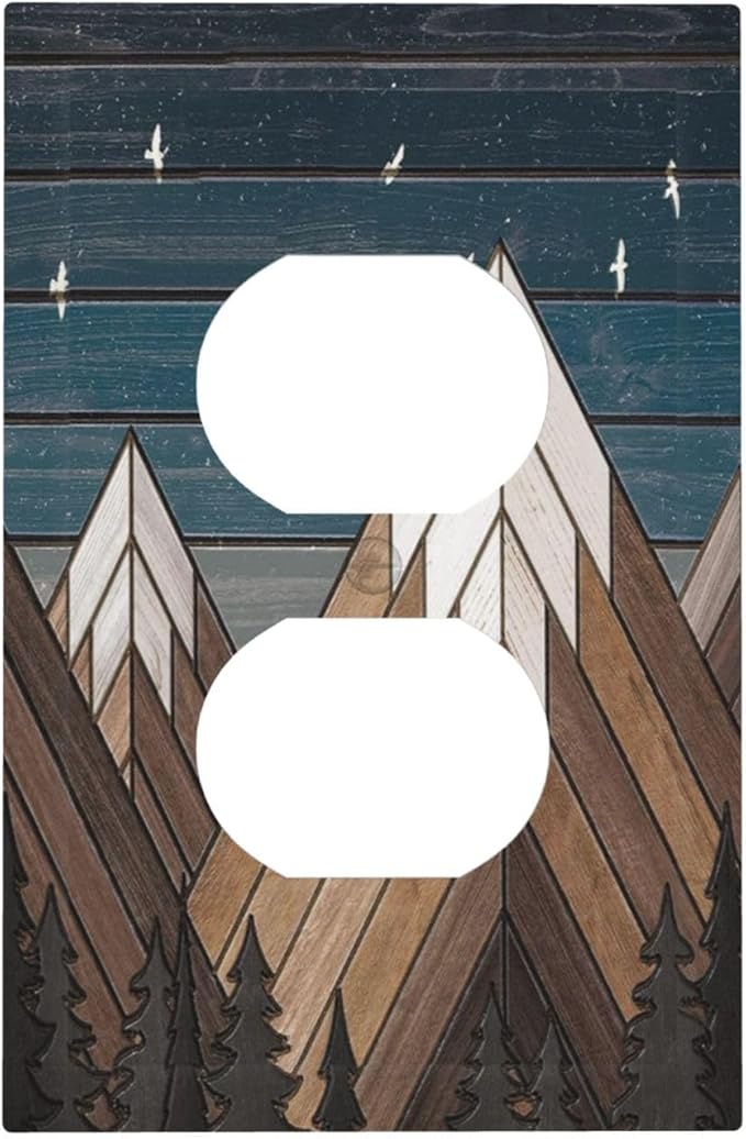 Rustic Geometric Mountain Wilderness Wood 1 Gang Wall Plate Single Duplex Outlet Cover Receptacle Decorative Light Switch Cover Plate Electrical Faceplate Socket for Bedroom Bathroom Kitchen Decor