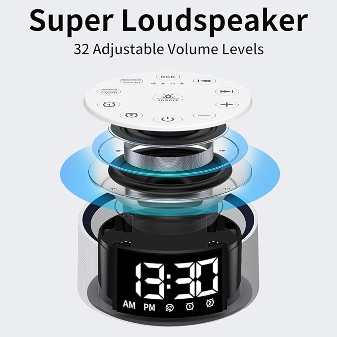 Alarm Clock Sound Machine White Brown Noise Machine with 30 Sleeping Sounds for Baby Kids Adults Night Light Bedroom 2 Alarms Backup Battery 32-Level Vol 15 Wake up Sounds for Mild Heavy Sleeper
