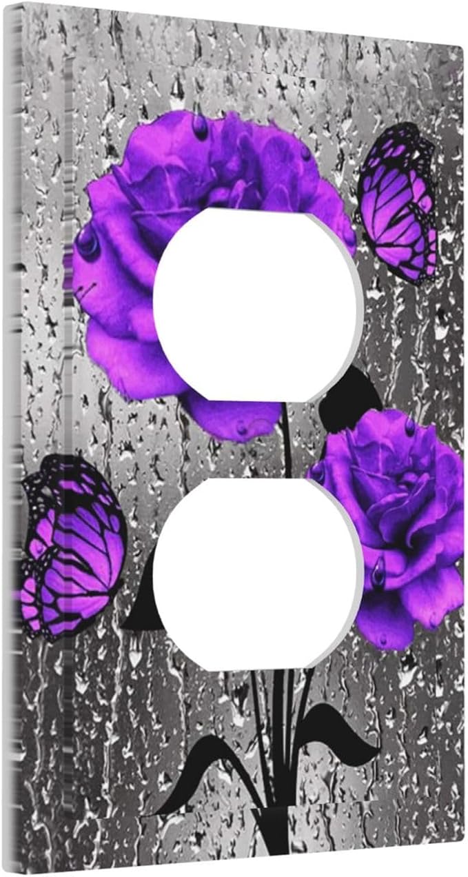 Purple Rose Butterfly Print 1 Gang Duplex Wall Plate Receptacle Outlet Covers Romantic Blossom Flowers Floral Raindrops Art Decorative Electrical Dual Device Light Switch Plug Socket Faceplate Cover