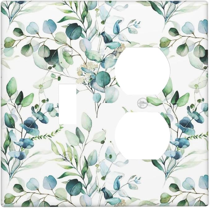 Green Eucalyptus Sage Leaves Combination 1-Toggle 1-Duplex Receptacle 2 Gang Wall Plate, Spring Elegant Watercolor Greenery 2 Gang Combo Single Toggle/Light Switch One Duplex Outlet Faceplate Cover