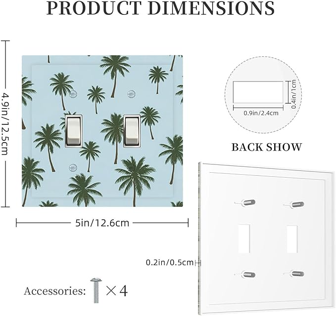 Tropical Palm Tree Pattern Double Toggle Switch Cover - 2-Gang Standard US Size Coastal Breeze Light Switch Covers for Beach House Decor