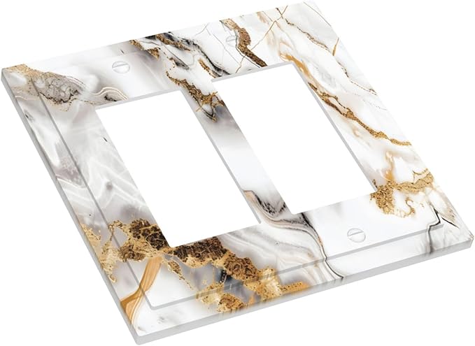 Luxurious Marble Abstract White Gold Tile Modern Simplicity Decorative Outlet Covers 2 Gang Double GFCI Rocker Electrical Wall Panels Light Switch Cover Plate for Bathroom Kitchen Decor