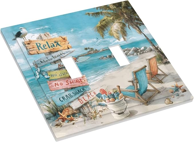Ocean Beach Tropical Palm Tree Coastal Seaside Decorative Switch Plates 2 Gang Double Toggle Outlet Light Switch Cover Wall Plate Electrical Faceplate for Kids Room Living Room Decor