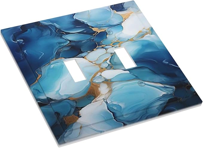 Decorative Light Switch Plate Covers Artistic Abstract Blue Marble Gold Line Painted 2 Gang Wall Plate Double Toggle Switch Cover Plate Electric Dual Device Electrical Faceplate