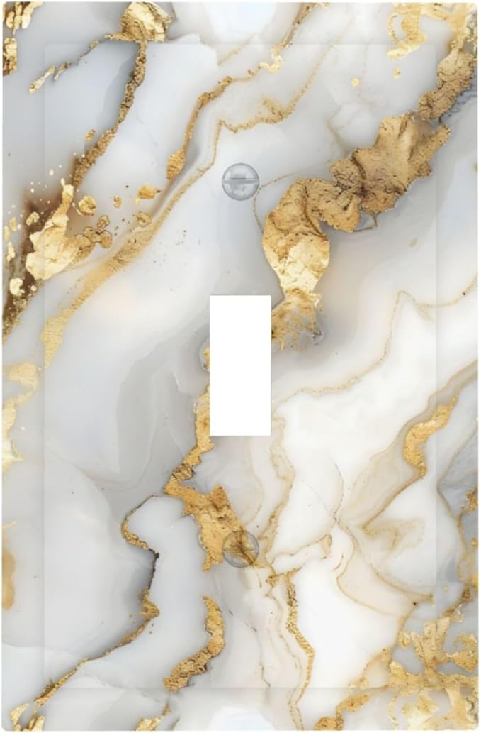 Luxurious White Gold Marble Patterns Abstract Decorative Light Switch Cover 1 Gang Single Toggle Device Electrical Faceplate Switchplates Decorator Outlet Wall Plate for Bathroom Kitchen Decor