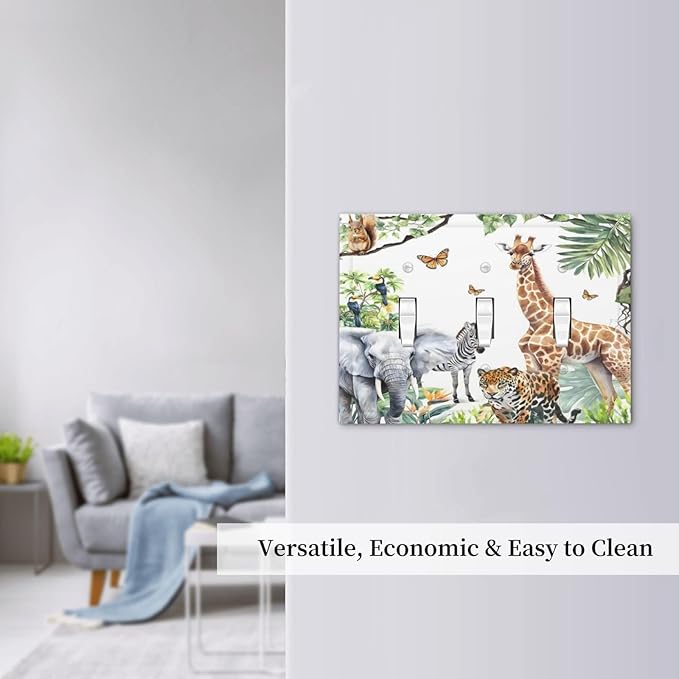 Elephant Giraffe Jungle Animals Leopard Zoo Decorative Switch Plates 3 Gang Wall Plate Triple Toggle Light Switch Cover Faceplate Electrical Wall Panels for Kids Room Nursery Decor