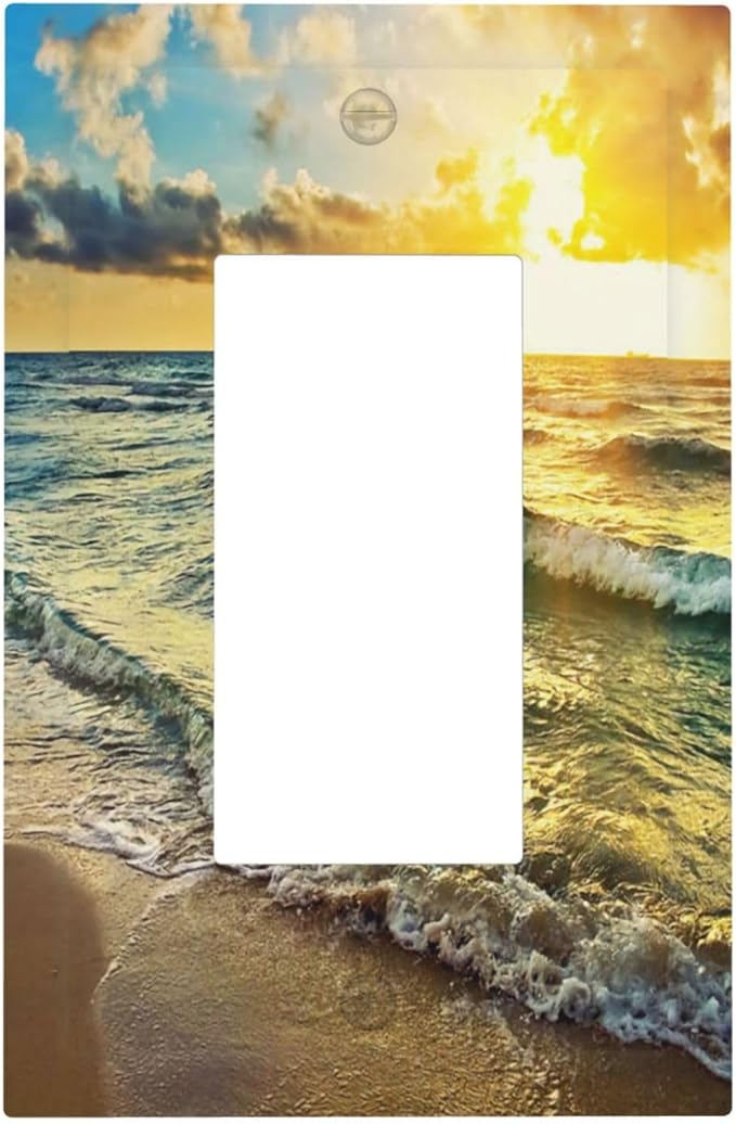 1 Gang Electrical Decora/GFCI Device Wallplate Tropical Sea Sunny Beach Ocean Wave Coastal Seaside Scene Hawaiian Sunrise Single Decorator Rocker Outlet Light Switch Cover Electrical Faceplate Dimmer