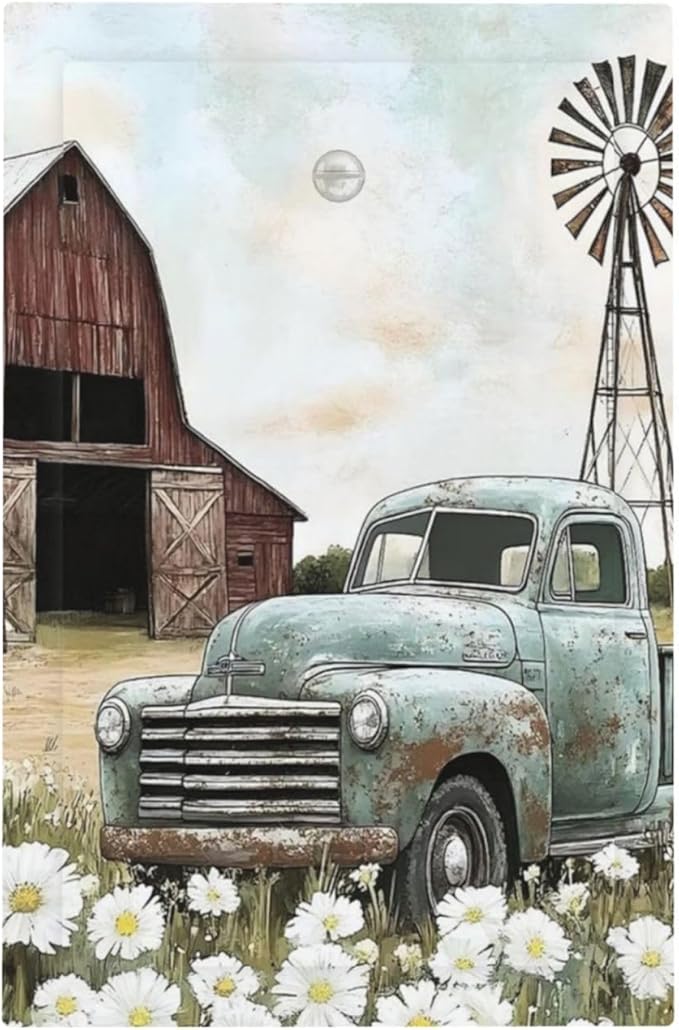 Retro Trucks Old Barn Windmill Teal Car Rustic Light Switch Cover Plate 1 Gang No Device Blank Electrical Wall Plates Faceplate Decorative Switch Plate for Farmhouse Home Decor