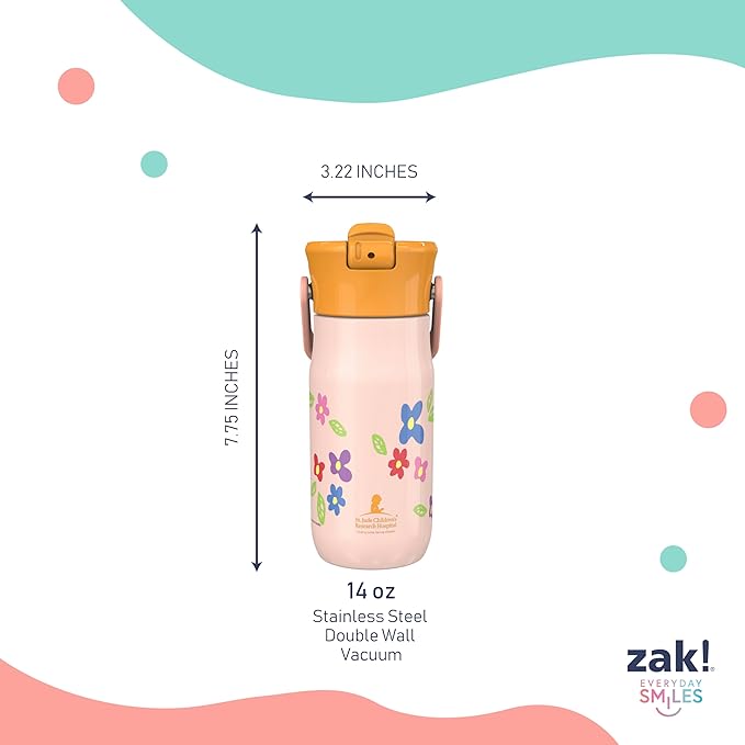 Zak Designs Harmony Kid Water Bottle Benefiting St. Jude, For Travel or At Home, 14oz Stainless Steel is Leak-Proof When Closed and Vacuum Insulated (Floral)