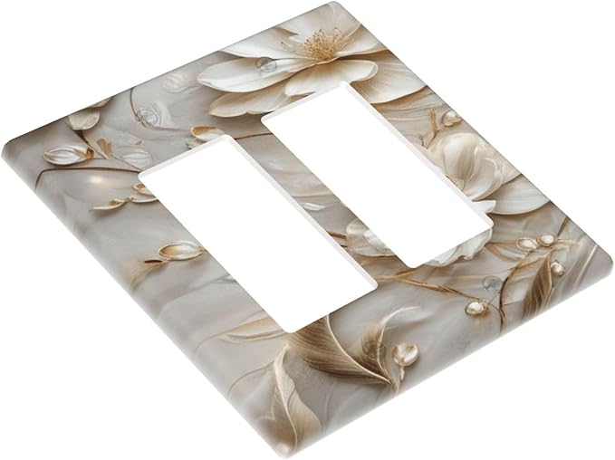 Decorative Art Light Switch Covers Elegant White and Gold Florals 2 Gang Dual Rocker Outlet Switch plate Faceplate GFCI for Home Decor