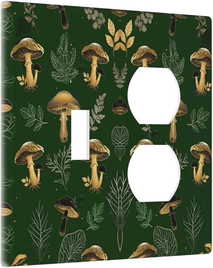 Decorative Outlet Covers Cute Gold Mushtroom Green Plant Leaf 2 Gang Light Switch Cover Plate Single Toggle Duplex Wall Plates for Electrical Outlets Switch Plate Covers for Home Decor