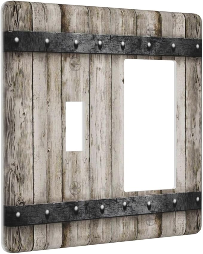 Western Barn Rustic Vintage Brown Grey Wood 2 Gang Combo Device 1-Toggle 1-Decorator/GFCI Combo Outlet Light Switch Cover Kitchen Cabin Retro Wooden Combo Two Gang Combination Rocker Wall Plate