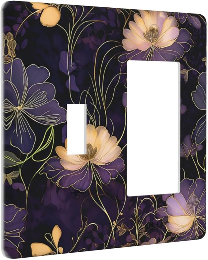 Modern Boho Vintage Gold Purple Dark Floral Modern Abstract Flowers Outlet Covers 1 Toggle 1 Rocker Combination Electrical Switch Plates Light Switch Cover Plate Decorative Wall Plate for Bedroom
