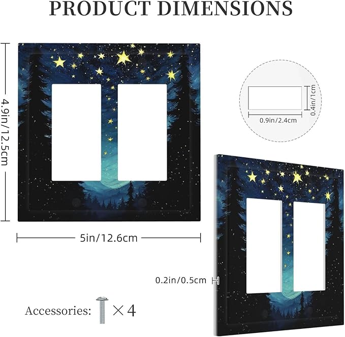 Decorative Outlet Covers Blue Starry Sky Forest Painted Star Pine Tree Oil Painting 2 Gang Double GFCI Rocker Electrical Wall Panels Light Switch Cover Plate for Bedroom Cabin Decor