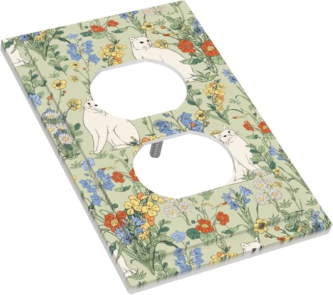 Outlet Covers Vintage Floral Cute Cat Colorful Flowers 1 Gang Duplex Light Switch Cover Decorative Switch Plates Electrical Receptacle Faceplate Wall Plate For Bed Room Living Room Decor