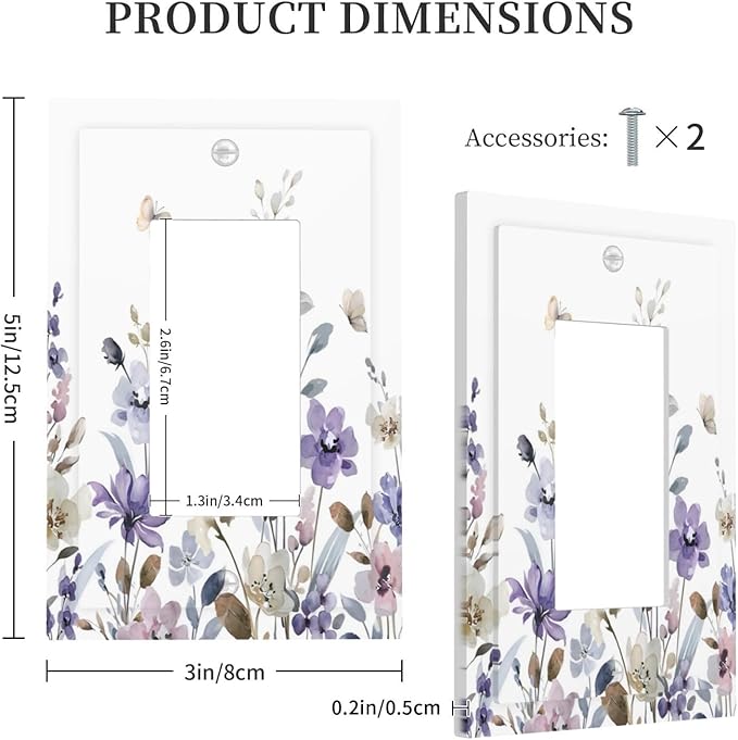 Purple Watercolor Flower Floral Butterfly Decorative Outlet Covers 1 Gang Single Rocker Light Switch Cover Plate Wall Plates GFCI Faceplate for Bedroom Living Room Decor