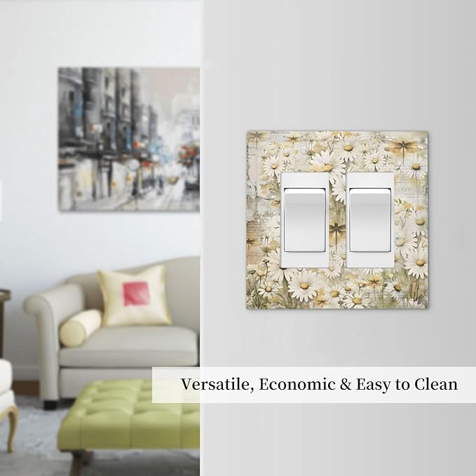 Vintage Letter Paper Wildflowers Dragonfly Daisy Floral Decorative Outlet Covers 2 Gang Double GFCI Rocker Electrical Wall Panels Light Switch Cover Plate for Farmhouse Bedroom Decor