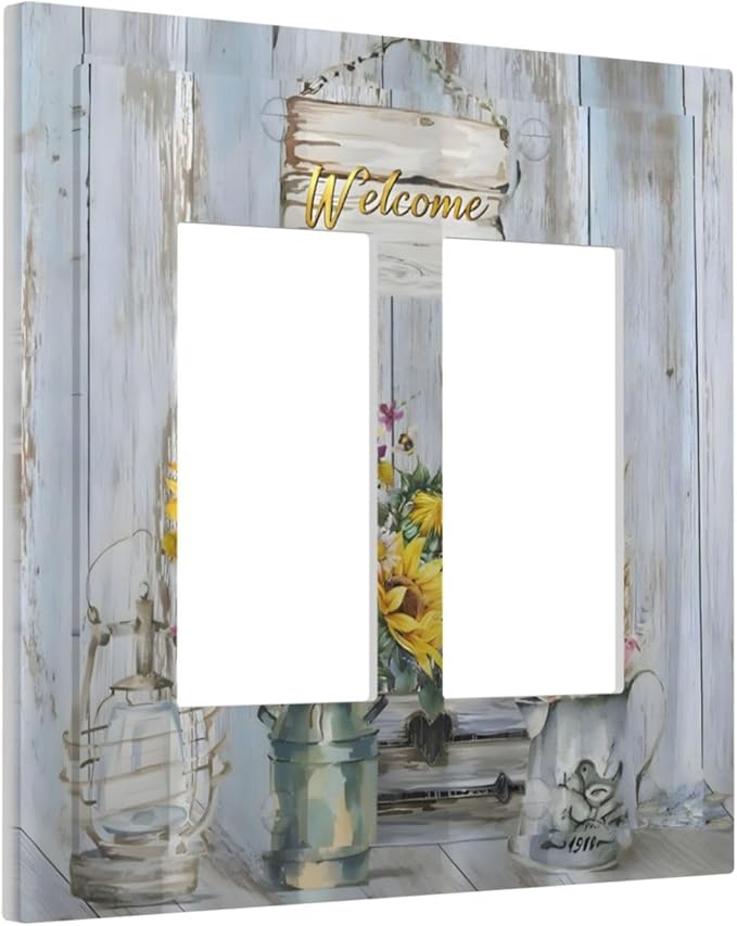 Rustic Sunflower Floral Vintage Wood Board Decorative Outlet Covers 2 Gang Double GFCI Rocker Electrical Wall Panels Light Switch Cover Plate for Farmhouse Home Decor