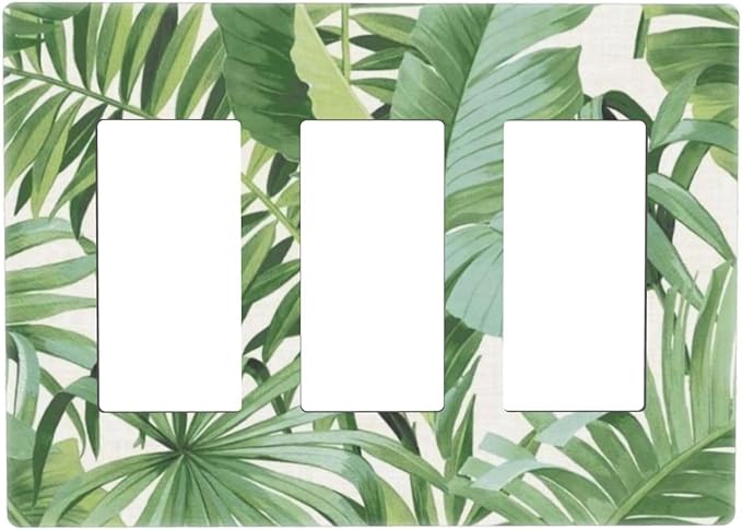 Green Monstera Leaf Tropical Palm Trees Leaf 3 Gang Screwless Triple GFCI Decorator/Rocker Light Switch Wall Plate Wild Jungle Botanical Plant Decorative Dual Device Receptacle Faceplate Outlet Cover