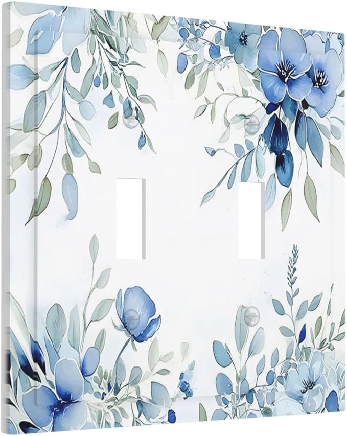 Watercolor Blue Flower Plant Floral Green Leaves Decorative Switch Plates 2 Gang Double Toggle Outlet Light Switch Cover Wall Plate Electrical Faceplate for Bedroom Living Room Decor
