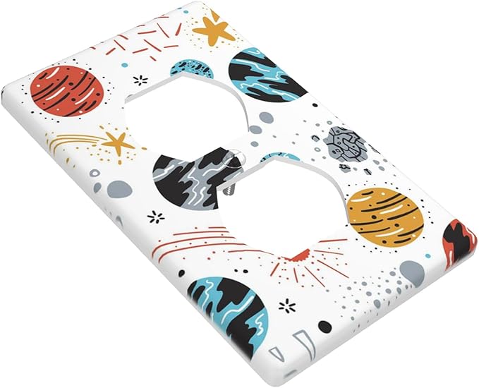 Space Planets Stars 1-Gang Duplex Wall Plate, Cartoon Space Outlet Cover Standard Size Decorative Faceplate for Kids Room, Playroom & Home Decor
