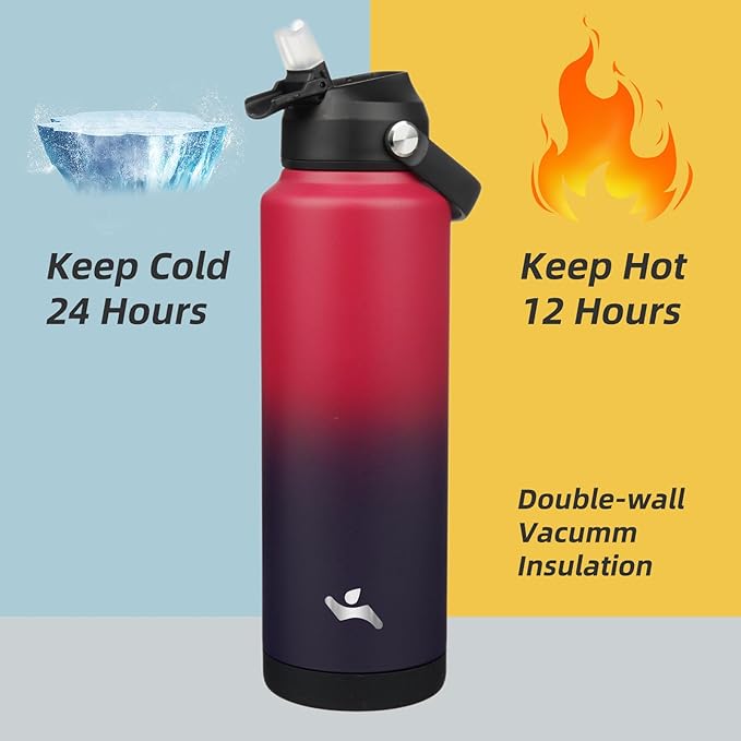 Konokyo Insulated Water Bottle with Straw Lid,40 oz Stainless Steel Vacuum Metal Bottle with Silicone Handle,Rosy Red